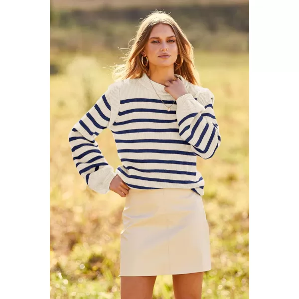 imagePRETTYGARDEN Womens Sweaters Casual Long Lantern Sleeve Crewneck Ribbed Knit Pullover Striped Jumper Tops BlouseStriped Blue