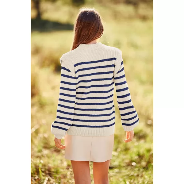 imagePRETTYGARDEN Womens Sweaters Casual Long Lantern Sleeve Crewneck Ribbed Knit Pullover Striped Jumper Tops BlouseStriped Blue