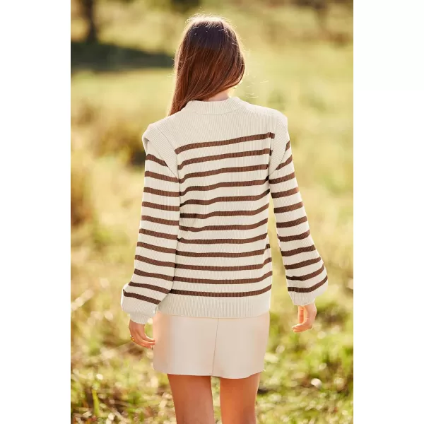 imagePRETTYGARDEN Womens Sweaters Casual Long Lantern Sleeve Crewneck Ribbed Knit Pullover Striped Jumper Tops BlouseStriped Brown