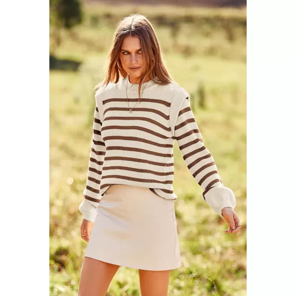 imagePRETTYGARDEN Womens Sweaters Casual Long Lantern Sleeve Crewneck Ribbed Knit Pullover Striped Jumper Tops BlouseStriped Brown