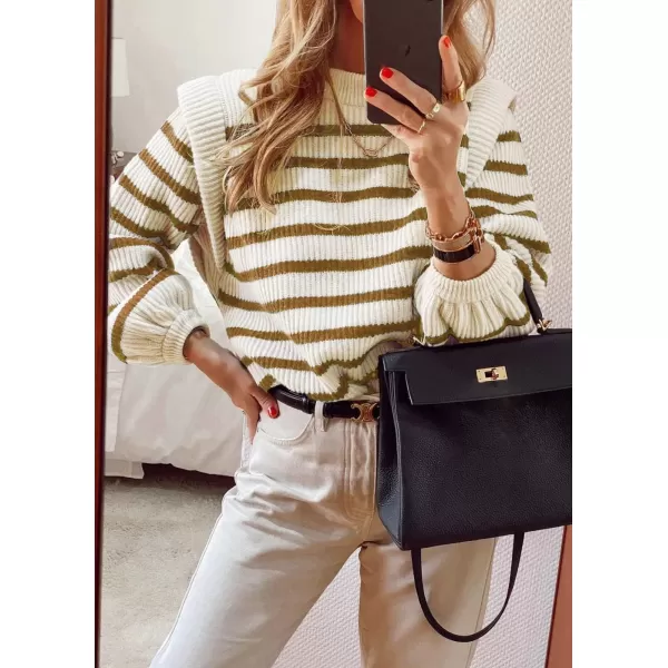 imagePRETTYGARDEN Womens Sweaters Casual Long Lantern Sleeve Crewneck Ribbed Knit Pullover Striped Jumper Tops BlouseStriped Brown