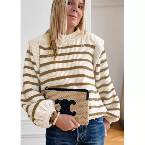 imagePRETTYGARDEN Womens Sweaters Casual Long Lantern Sleeve Crewneck Ribbed Knit Pullover Striped Jumper Tops BlouseStriped Brown