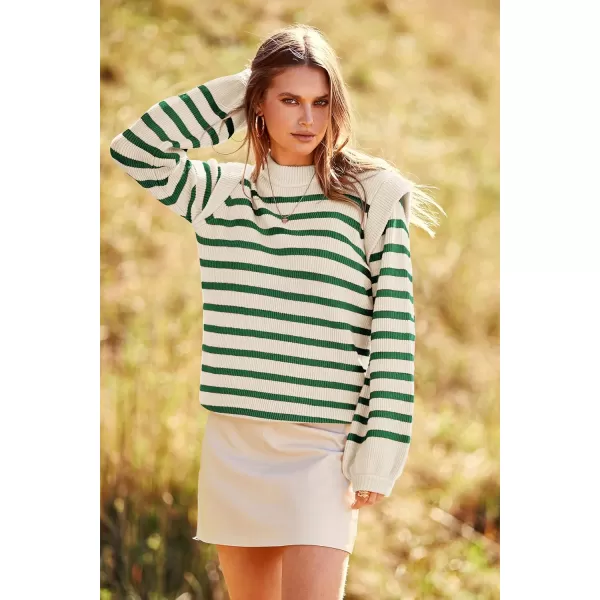 imagePRETTYGARDEN Womens Sweaters Casual Long Lantern Sleeve Crewneck Ribbed Knit Pullover Striped Jumper Tops BlouseStriped Green