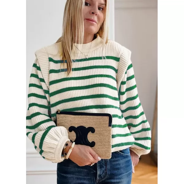 imagePRETTYGARDEN Womens Sweaters Casual Long Lantern Sleeve Crewneck Ribbed Knit Pullover Striped Jumper Tops BlouseStriped Green