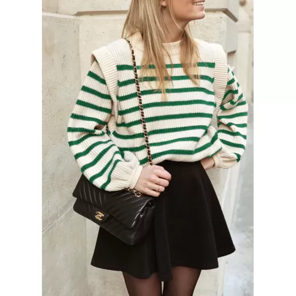 imagePRETTYGARDEN Womens Sweaters Casual Long Lantern Sleeve Crewneck Ribbed Knit Pullover Striped Jumper Tops BlouseStriped Green