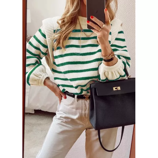 imagePRETTYGARDEN Womens Sweaters Casual Long Lantern Sleeve Crewneck Ribbed Knit Pullover Striped Jumper Tops BlouseStriped Green