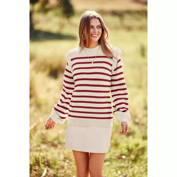 imagePRETTYGARDEN Womens Sweaters Casual Long Lantern Sleeve Crewneck Ribbed Knit Pullover Striped Jumper Tops BlouseStriped Red