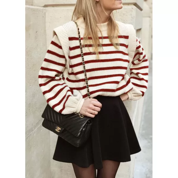 imagePRETTYGARDEN Womens Sweaters Casual Long Lantern Sleeve Crewneck Ribbed Knit Pullover Striped Jumper Tops BlouseStriped Red