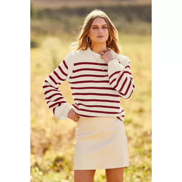 imagePRETTYGARDEN Womens Sweaters Casual Long Lantern Sleeve Crewneck Ribbed Knit Pullover Striped Jumper Tops BlouseStriped Red