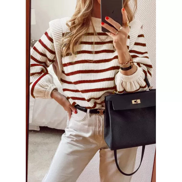 imagePRETTYGARDEN Womens Sweaters Casual Long Lantern Sleeve Crewneck Ribbed Knit Pullover Striped Jumper Tops BlouseStriped Red