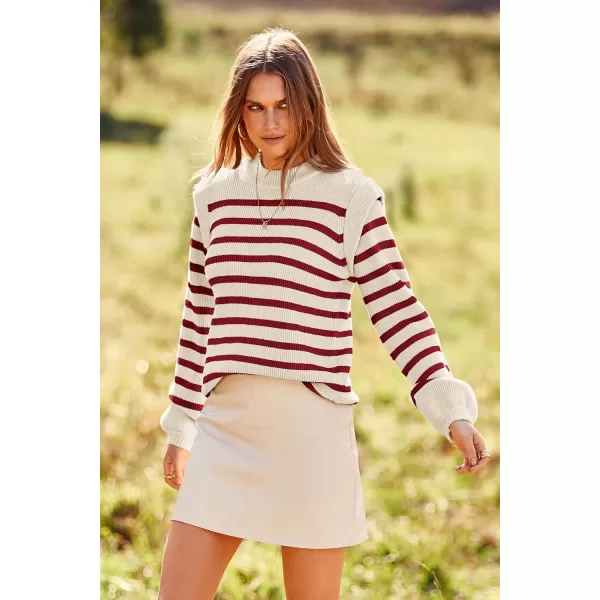 imagePRETTYGARDEN Womens Sweaters Casual Long Lantern Sleeve Crewneck Ribbed Knit Pullover Striped Jumper Tops BlouseStriped Red