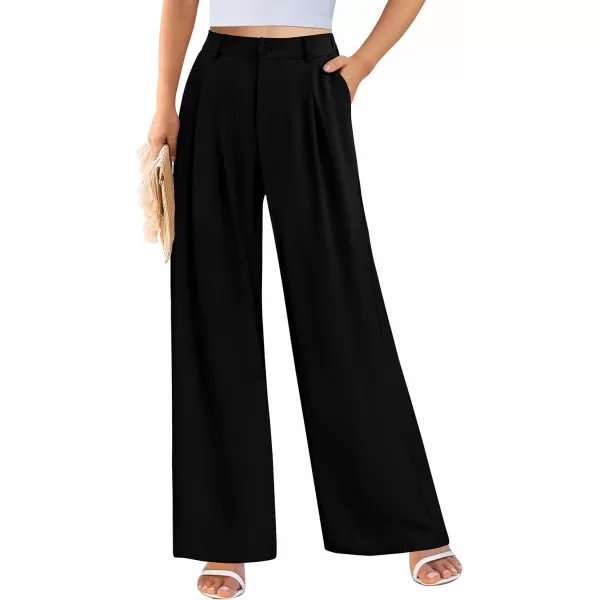 imagePRETTYGARDEN Womens Wide Leg Suit Pants Loose Fit High Elastic Waisted Business Casual Long Trousers PantBlack