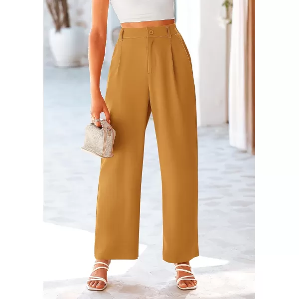 imagePRETTYGARDEN Womens Wide Leg Suit Pants Loose Fit High Elastic Waisted Business Casual Long Trousers PantBrown Yellow
