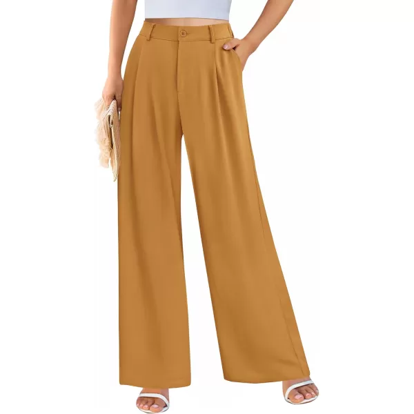 imagePRETTYGARDEN Womens Wide Leg Suit Pants Loose Fit High Elastic Waisted Business Casual Long Trousers PantBrown Yellow