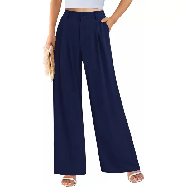 imagePRETTYGARDEN Womens Wide Leg Suit Pants Loose Fit High Elastic Waisted Business Casual Long Trousers PantNavy