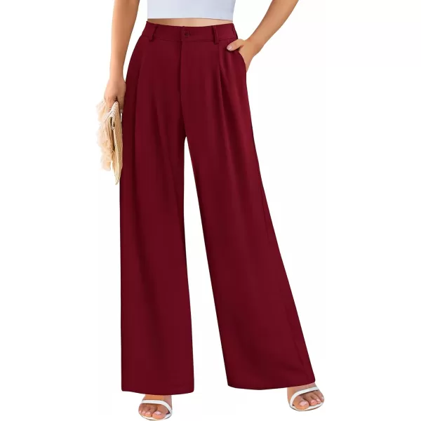 imagePRETTYGARDEN Womens Wide Leg Suit Pants Loose Fit High Elastic Waisted Business Casual Long Trousers PantWine Red