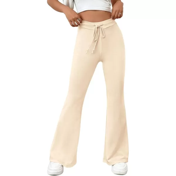 imagePRETTYGARDEN Womens 2024 Casual Flare Pants Elastic High Waisted Drawstring Bell Bottom Bootcut Leggings Lounge SweatpantsBeige