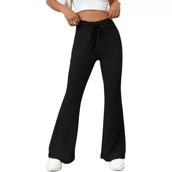 imagePRETTYGARDEN Womens 2024 Casual Flare Pants Elastic High Waisted Drawstring Bell Bottom Bootcut Leggings Lounge SweatpantsBlack
