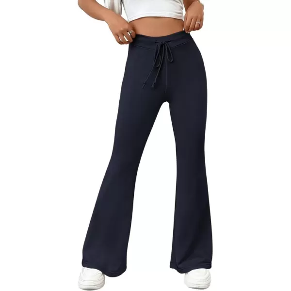 imagePRETTYGARDEN Womens 2024 Casual Flare Pants Elastic High Waisted Drawstring Bell Bottom Bootcut Leggings Lounge SweatpantsDark Blue