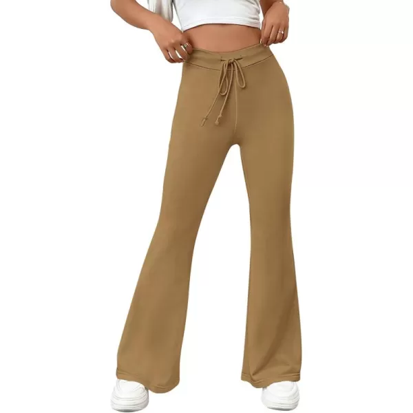 imagePRETTYGARDEN Womens 2024 Casual Flare Pants Elastic High Waisted Drawstring Bell Bottom Bootcut Leggings Lounge SweatpantsKhaki