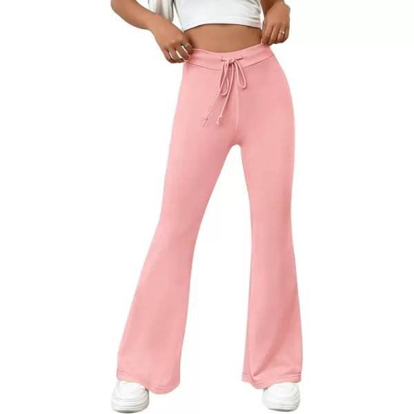 imagePRETTYGARDEN Womens 2024 Casual Flare Pants Elastic High Waisted Drawstring Bell Bottom Bootcut Leggings Lounge SweatpantsPink