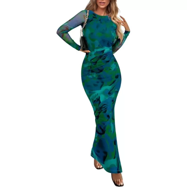 imagePRETTYGARDEN Womens Bodycon Maxi Dress Fall Fashion Long Sleeve Floral Print Tight Fitted Party Club Ruched DressesGreen