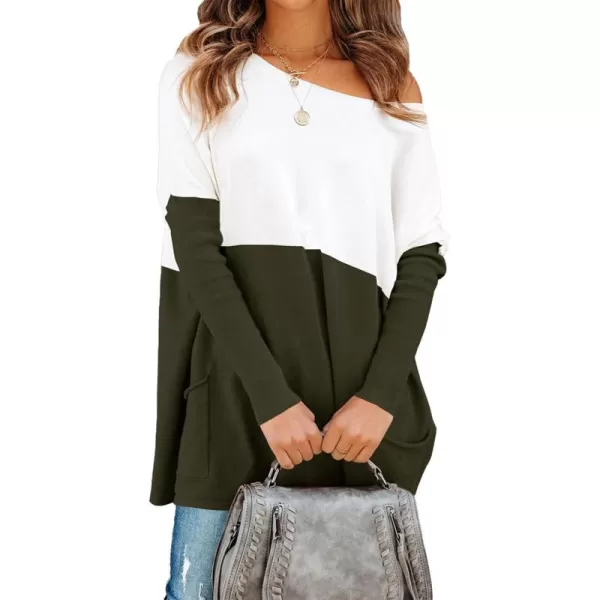 imagePRETTYGARDEN Womens Causal Loose Sweater Color Block Knit Pullover Off Shoulder Comfy Jumper TopsArmy Green
