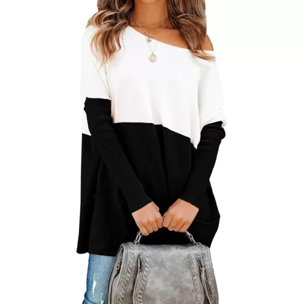 imagePRETTYGARDEN Womens Causal Loose Sweater Color Block Knit Pullover Off Shoulder Comfy Jumper TopsBlack