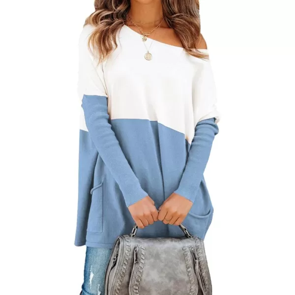 imagePRETTYGARDEN Womens Causal Loose Sweater Color Block Knit Pullover Off Shoulder Comfy Jumper TopsBlue