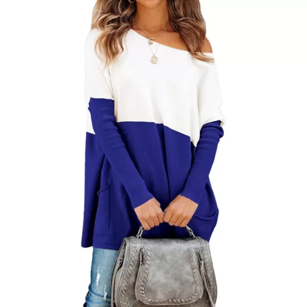 imagePRETTYGARDEN Womens Causal Loose Sweater Color Block Knit Pullover Off Shoulder Comfy Jumper TopsBrilliant Blue