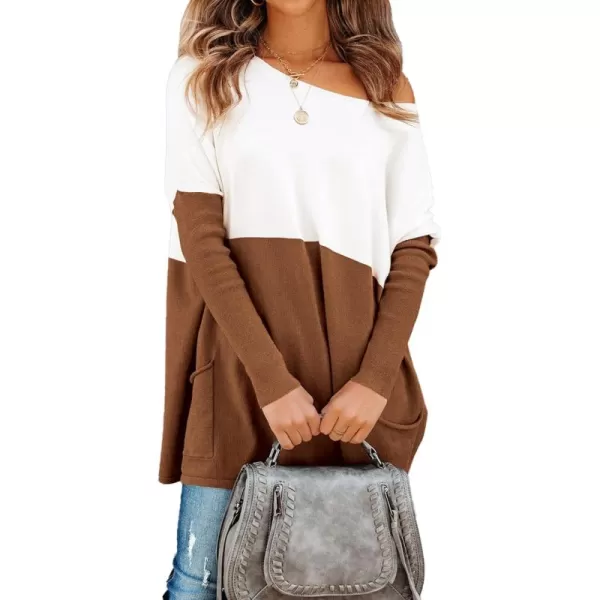 imagePRETTYGARDEN Womens Causal Loose Sweater Color Block Knit Pullover Off Shoulder Comfy Jumper TopsBrown Yellow