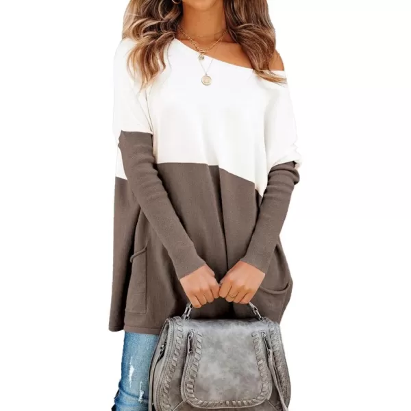 imagePRETTYGARDEN Womens Causal Loose Sweater Color Block Knit Pullover Off Shoulder Comfy Jumper TopsCamel