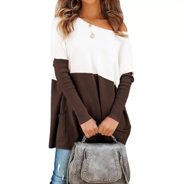 imagePRETTYGARDEN Womens Causal Loose Sweater Color Block Knit Pullover Off Shoulder Comfy Jumper TopsCoffee