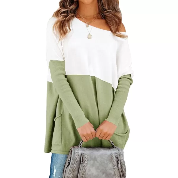 imagePRETTYGARDEN Womens Causal Loose Sweater Color Block Knit Pullover Off Shoulder Comfy Jumper TopsGreen