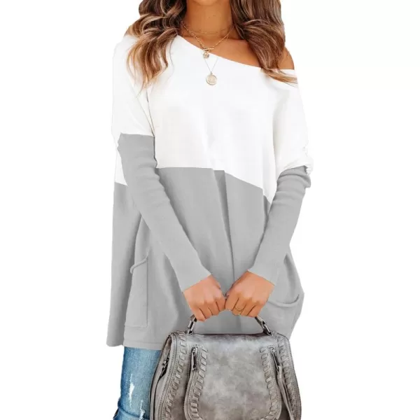 imagePRETTYGARDEN Womens Causal Loose Sweater Color Block Knit Pullover Off Shoulder Comfy Jumper TopsGrey