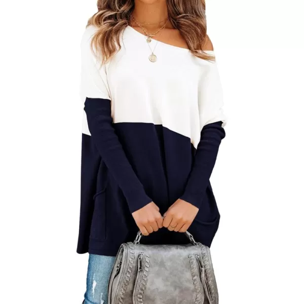 imagePRETTYGARDEN Womens Causal Loose Sweater Color Block Knit Pullover Off Shoulder Comfy Jumper TopsNavy