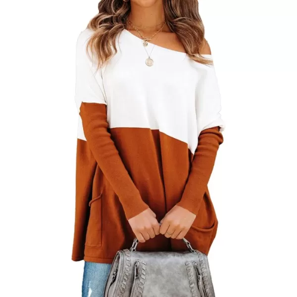 imagePRETTYGARDEN Womens Causal Loose Sweater Color Block Knit Pullover Off Shoulder Comfy Jumper TopsOrange