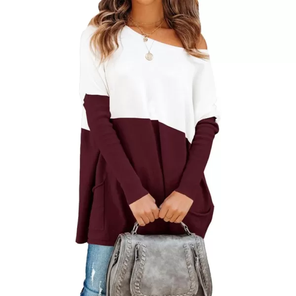 imagePRETTYGARDEN Womens Causal Loose Sweater Color Block Knit Pullover Off Shoulder Comfy Jumper TopsRed