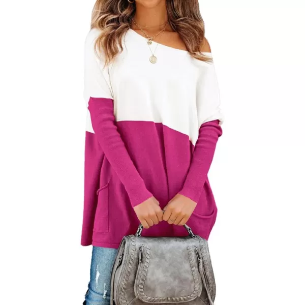 imagePRETTYGARDEN Womens Causal Loose Sweater Color Block Knit Pullover Off Shoulder Comfy Jumper TopsRose Red
