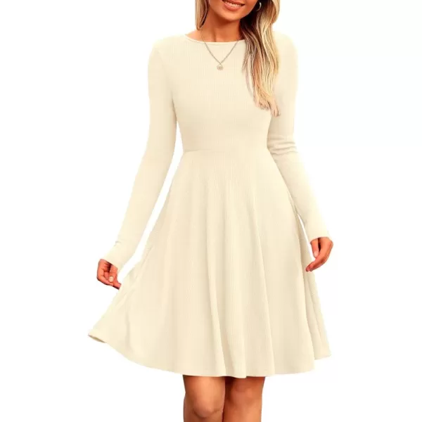 imagePRETTYGARDEN Womens Fall Short Dress Ribbed Knit Crewneck Long Sleeve A Line Flowy Casual Elegant Cute Going Out DressesBeige