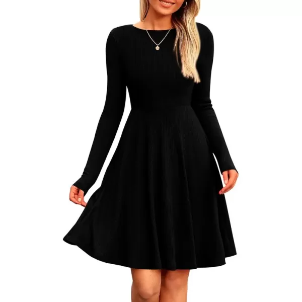 imagePRETTYGARDEN Womens Fall Short Dress Ribbed Knit Crewneck Long Sleeve A Line Flowy Casual Elegant Cute Going Out DressesBlack