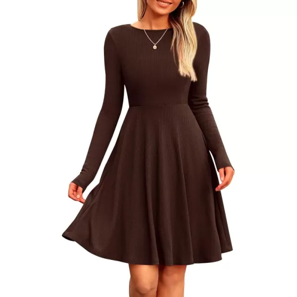 imagePRETTYGARDEN Womens Fall Short Dress Ribbed Knit Crewneck Long Sleeve A Line Flowy Casual Elegant Cute Going Out DressesDark Coffee