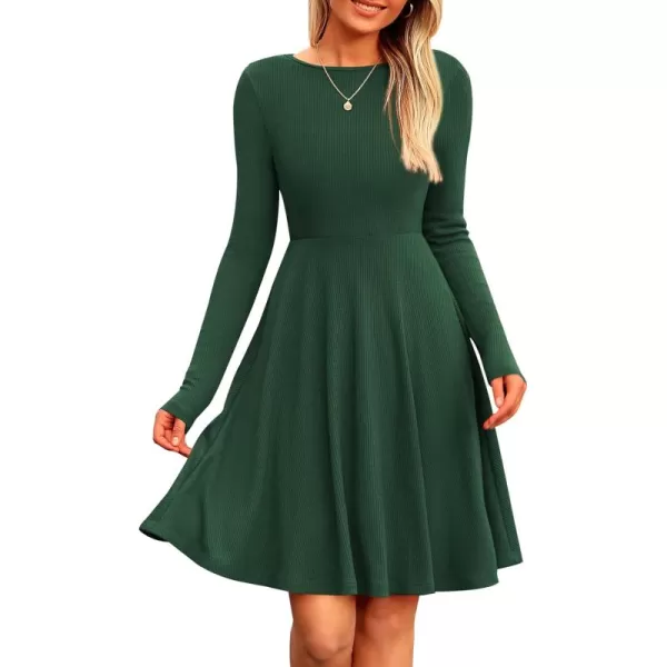 imagePRETTYGARDEN Womens Fall Short Dress Ribbed Knit Crewneck Long Sleeve A Line Flowy Casual Elegant Cute Going Out DressesDark Green