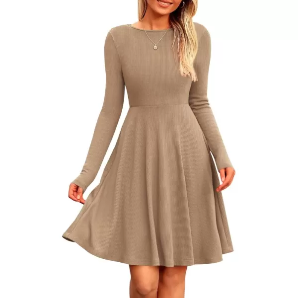 imagePRETTYGARDEN Womens Fall Short Dress Ribbed Knit Crewneck Long Sleeve A Line Flowy Casual Elegant Cute Going Out DressesKhaki