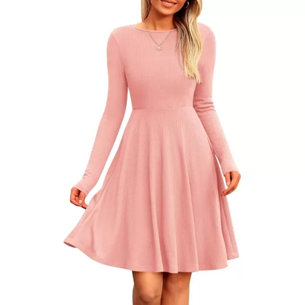imagePRETTYGARDEN Womens Fall Short Dress Ribbed Knit Crewneck Long Sleeve A Line Flowy Casual Elegant Cute Going Out DressesPink