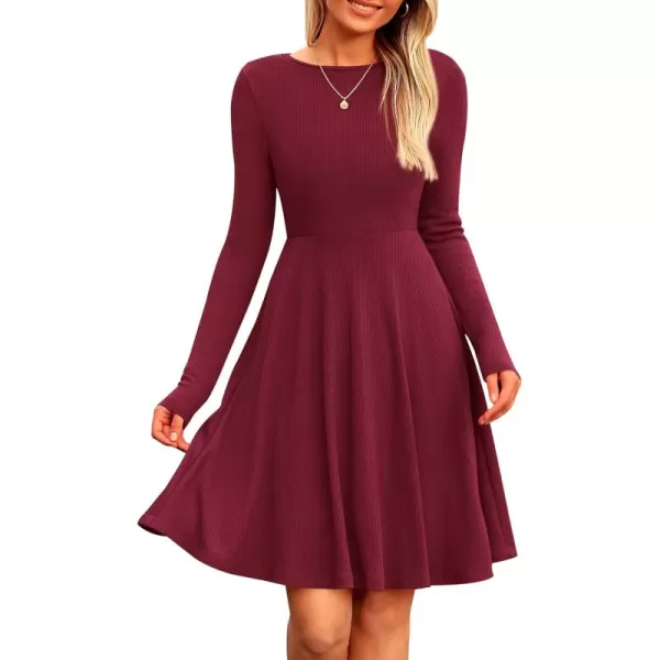 imagePRETTYGARDEN Womens Fall Short Dress Ribbed Knit Crewneck Long Sleeve A Line Flowy Casual Elegant Cute Going Out DressesWine Red
