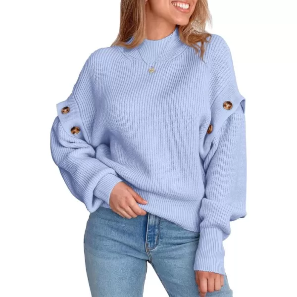 imagePRETTYGARDEN Womens Knit Pullover Sweater 2024 Fall Fashion Clothes Long Sleeve Mock Neck Blouse TopsSky Blue