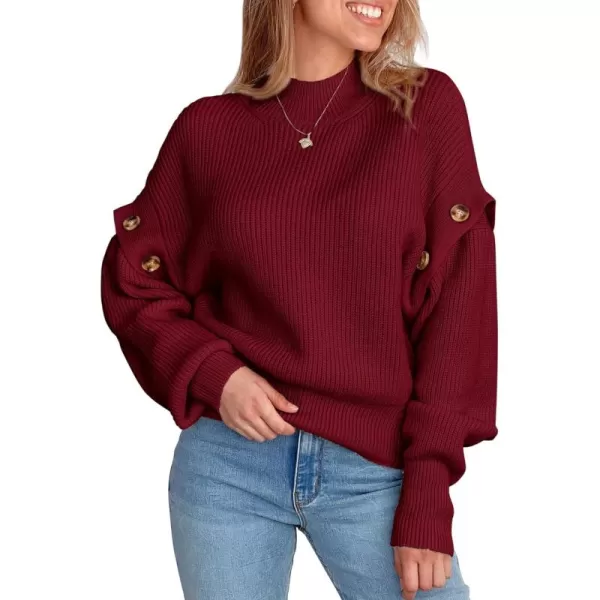 imagePRETTYGARDEN Womens Knit Pullover Sweater 2024 Fall Fashion Clothes Long Sleeve Mock Neck Blouse TopsWine Red
