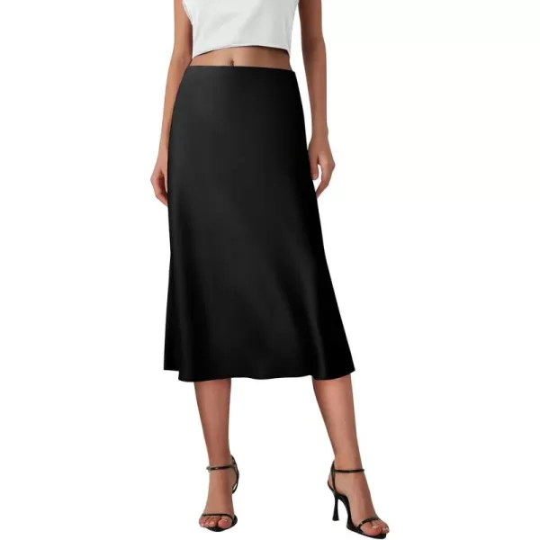 imagePRETTYGARDEN Womens Midi Skirts 2024 Summer Dressy Casual High Waisted Ruffle A Line Silk Satin SkirtsBlack