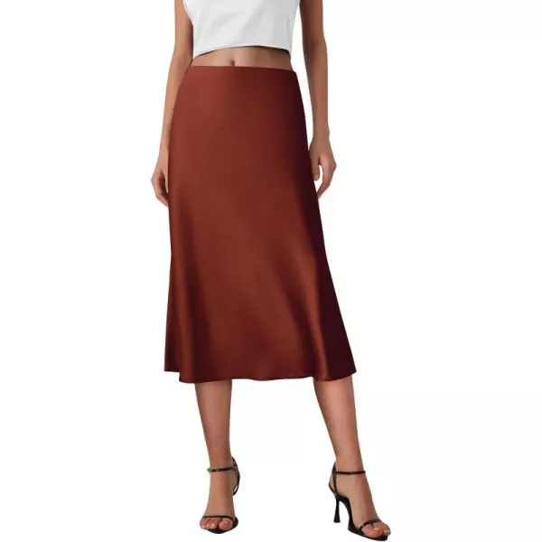 imagePRETTYGARDEN Womens Midi Skirts 2024 Summer Dressy Casual High Waisted Ruffle A Line Silk Satin SkirtsBrown